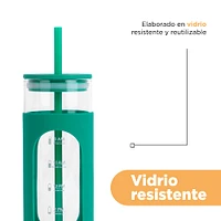 Vaso Con Tapa Y Popote Vidrio Verde 475 ml