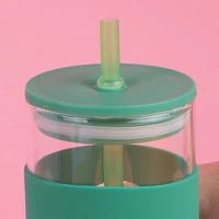 Vaso Con Tapa Y Popote Vidrio Verde 475 ml