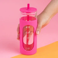 Vaso Con Tapa Y Popote Vidrio Rosa 475 ml