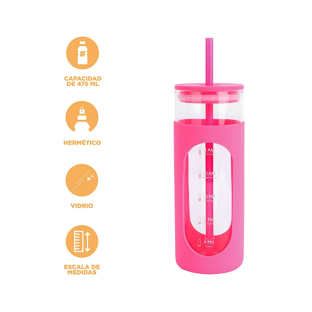 Vaso Con Tapa Y Popote Vidrio Rosa 475 ml