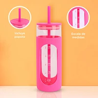 Vaso Con Tapa Y Popote Vidrio Rosa 475 ml