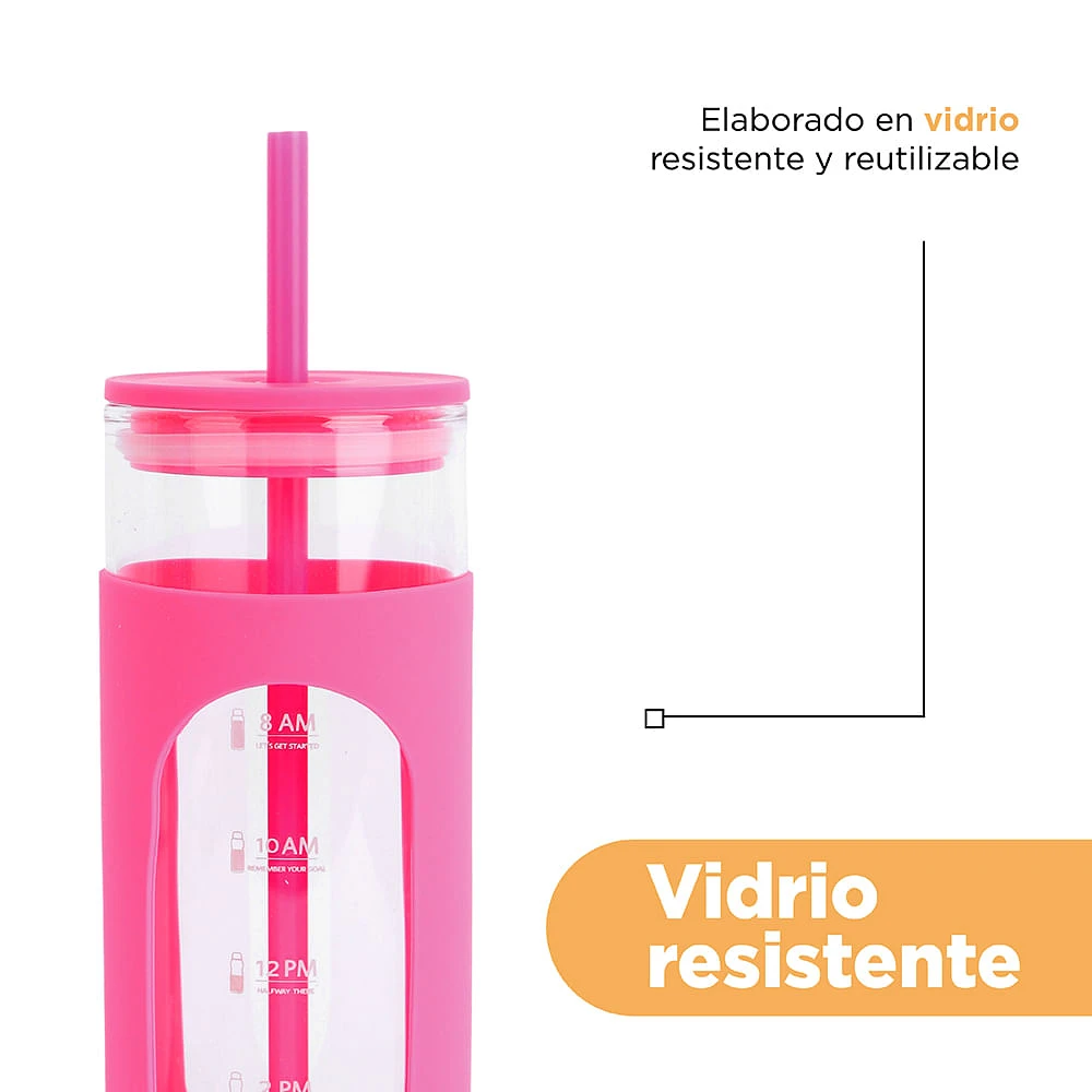 Vaso Con Tapa Y Popote Vidrio Rosa 475 ml