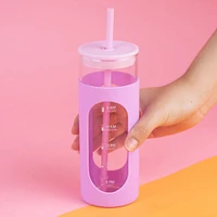 Vaso Con Tapa Y Popote Vidrio Lila 475 ml