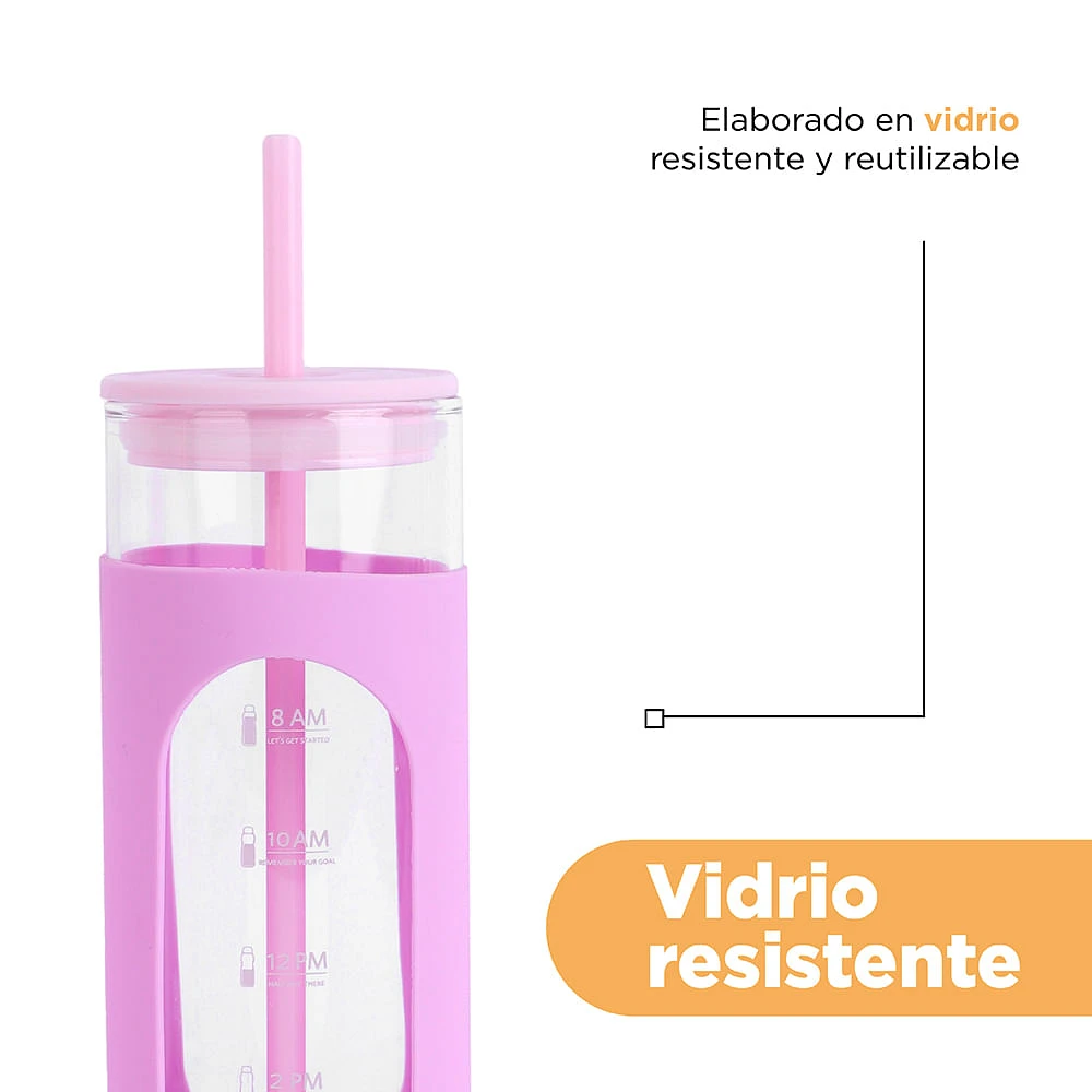 Vaso Con Tapa Y Popote Vidrio Lila 475 ml