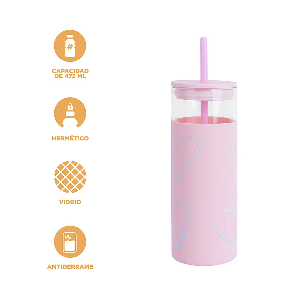 Vaso Con Tapa Y Popote Estampado Corazones Vidrio Rosa 475 ml