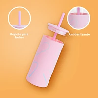 Vaso Con Tapa Y Popote Estampado Corazones Vidrio Rosa 475 ml