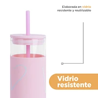Vaso Con Tapa Y Popote Estampado Corazones Vidrio Rosa 475 ml