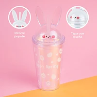 Vaso Con Tapa Y Popote Conejito Doble Capa Plástico Tornasol 450 ml