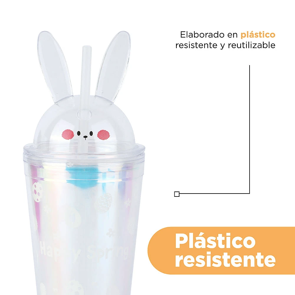 Vaso Con Tapa Y Popote Conejito Doble Capa Plástico Tornasol 450 ml