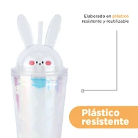 Vaso Con Tapa Y Popote Conejito Doble Capa Plástico Tornasol 450 ml