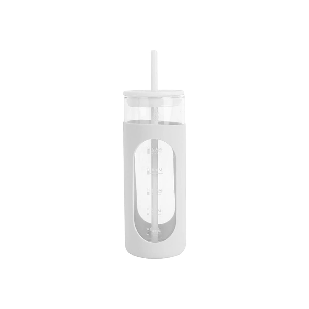 Vaso Con Tapa Y Popote Vidrio De Borosilicato Blanco 475 ml