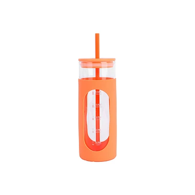 Vaso Con Tapa Y Popote Vidrio Naranja 475 ml