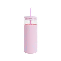 Vaso Con Tapa Y Popote Estampado Corazones Vidrio Rosa 475 ml