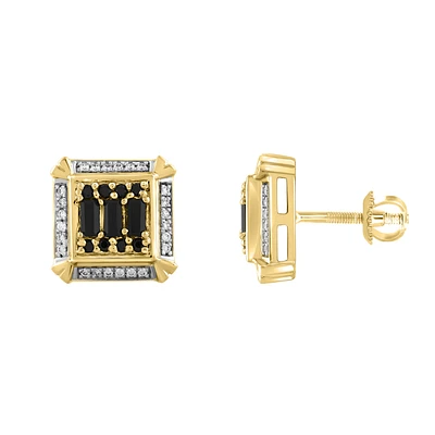 MEN’S EARRINGS 0.50CT ROUND/BLACK BAGUETTE/BLACK DIAMOND 10K YELLOW GOLD