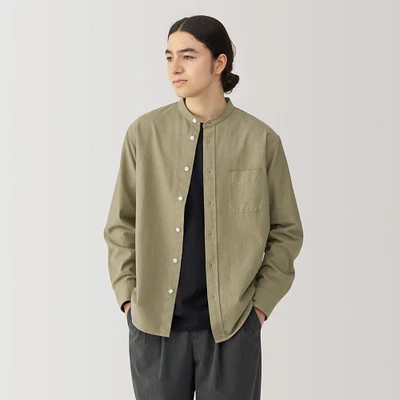 Men's Washed Oxford Stand Collar Long Sleeve Shirt