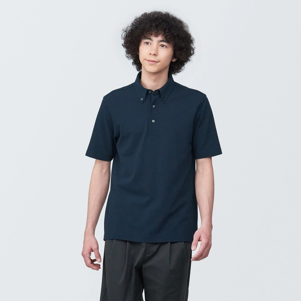 Men's Cool Touch Pique Button Down Short Sleeve Polo Shirt
