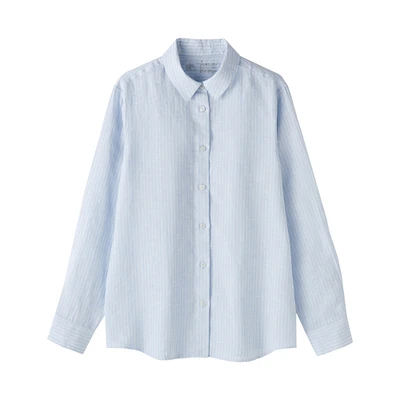 Women's Washed Linen Regular Collar Long Sleeve Striped Shirt