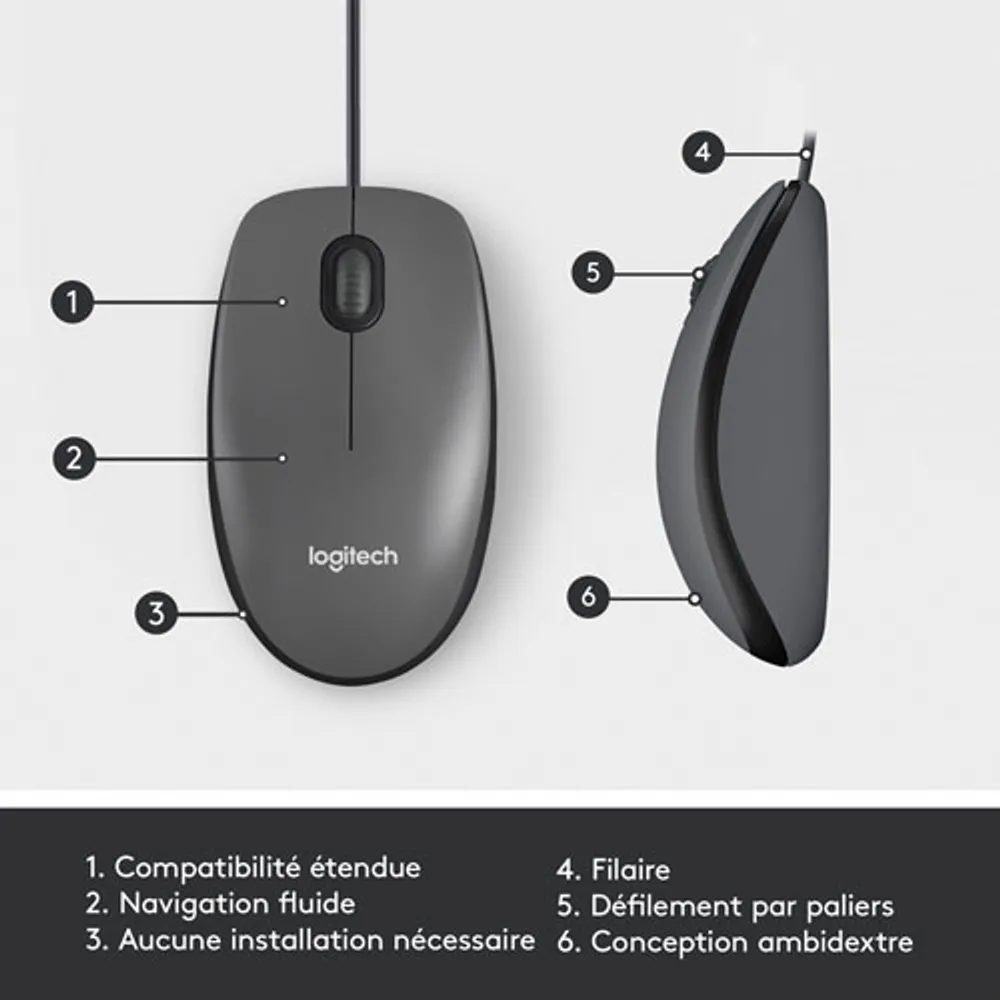 Logitech M100 Wired Optical Ambidextrous Mouse for PC - Charcoal