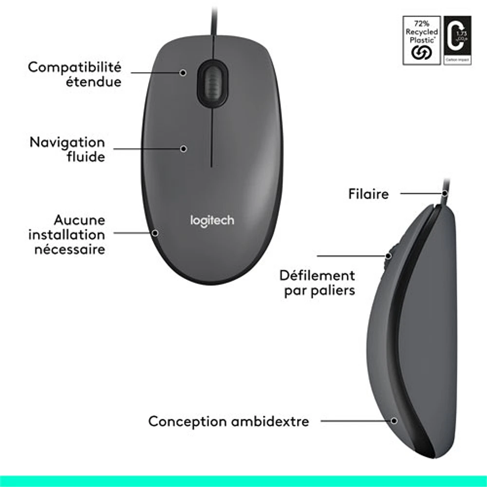 Logitech M100 Wired Optical Ambidextrous Mouse for PC - Charcoal