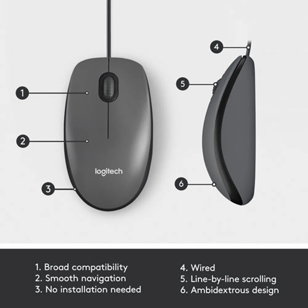 Logitech M100 Wired Optical Ambidextrous Mouse for PC - Charcoal