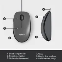 Logitech M100 Wired Optical Ambidextrous Mouse for PC - Charcoal