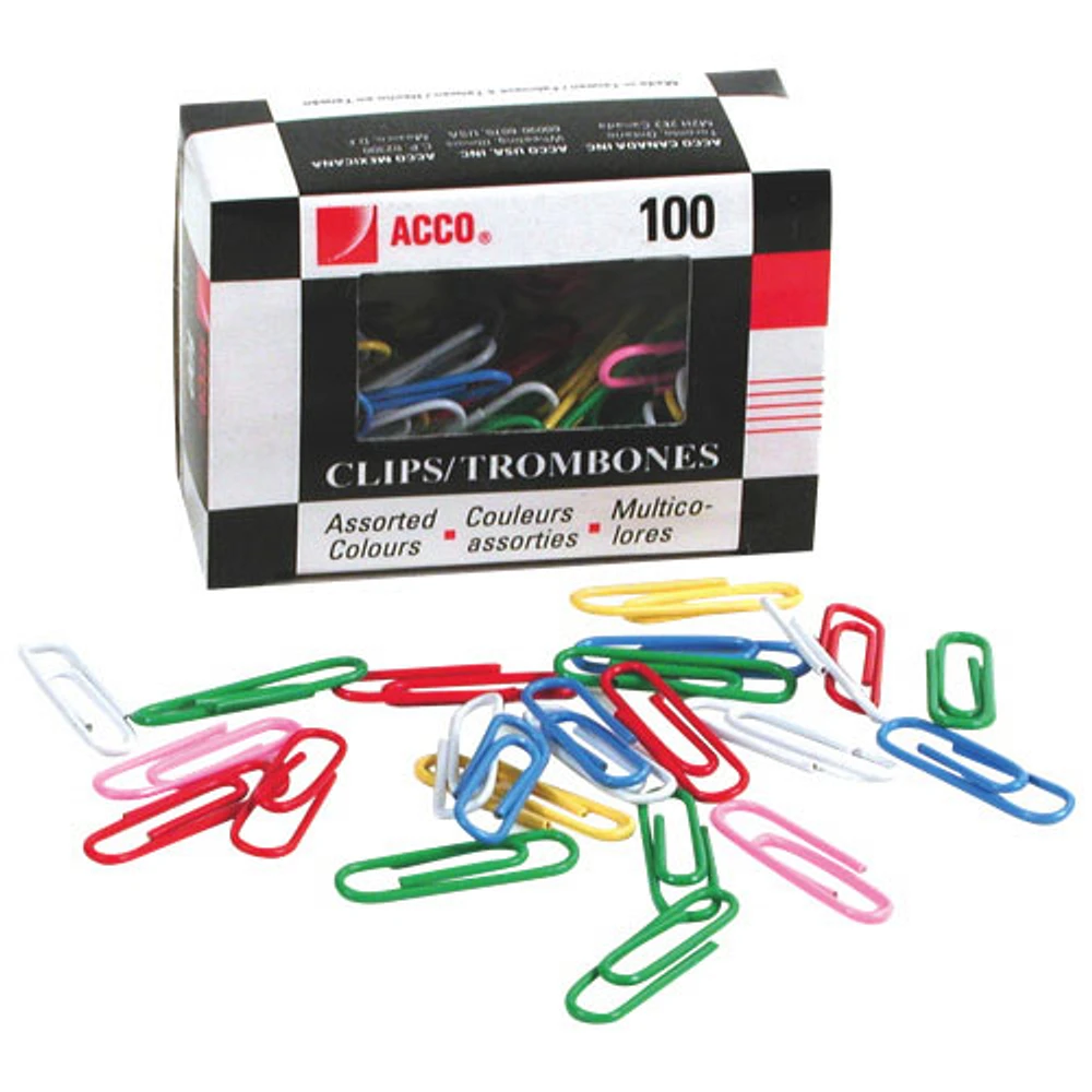 Acco Vinyl Coated Colour Paper Clips (ACC72522) - 100 Pack - Assorted Colours