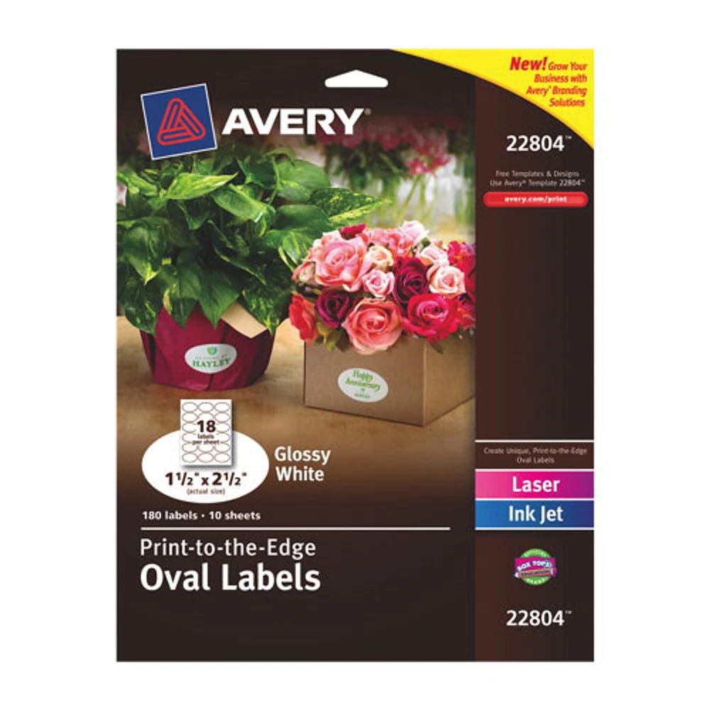 Avery Easy Peel 2-1/2" x 1-1/2" Print-to-the-Edge Oval Labels (AVE22804) - 180 Pack - Glossy White