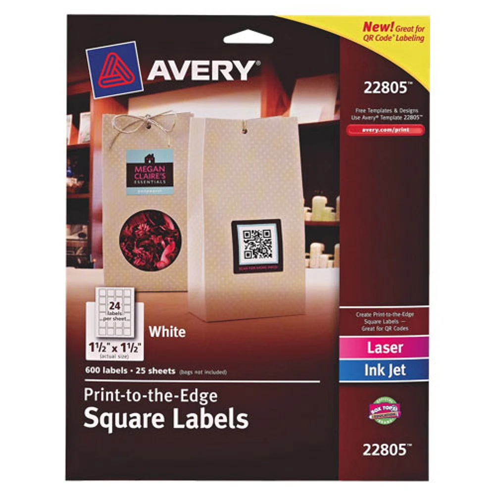 Avery Easy Peel 1-1/2" x 1-1/2" Print-to-the-Edge Square Labels (AVE22805) - 600 Pack - White