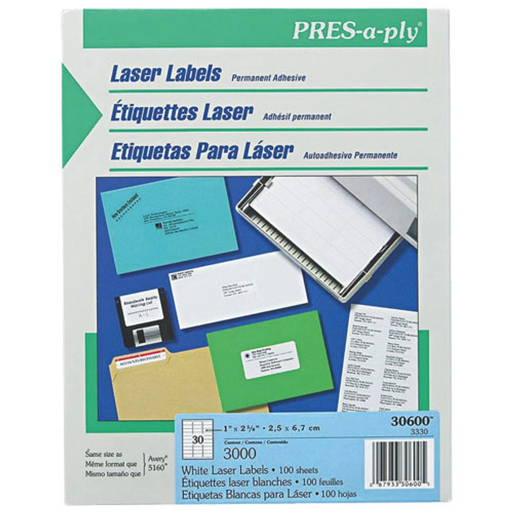 Avery Pres-A-Ply 1" x 2-5/8" Address Label (AVE30600) - 3000 Pack - White