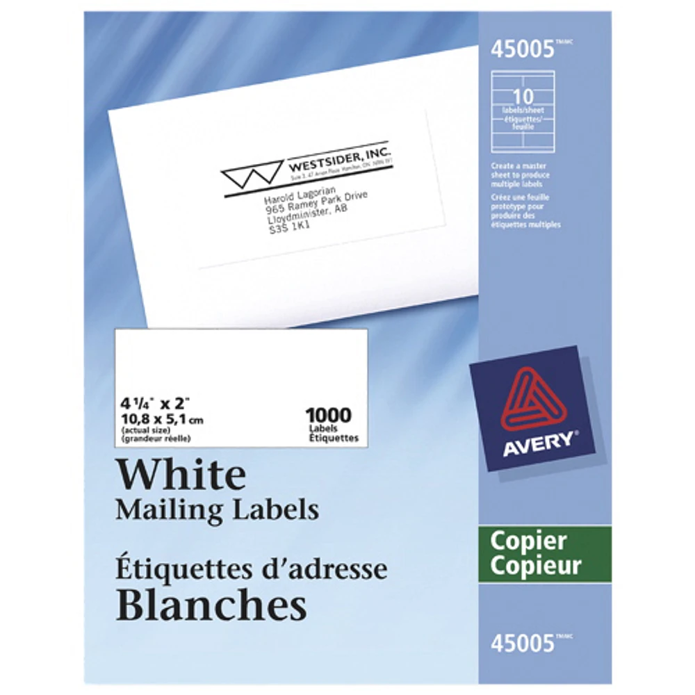 Avery 4-1/4" x 2" Copier Address Label (AVE45005) - 1000 Pack - White