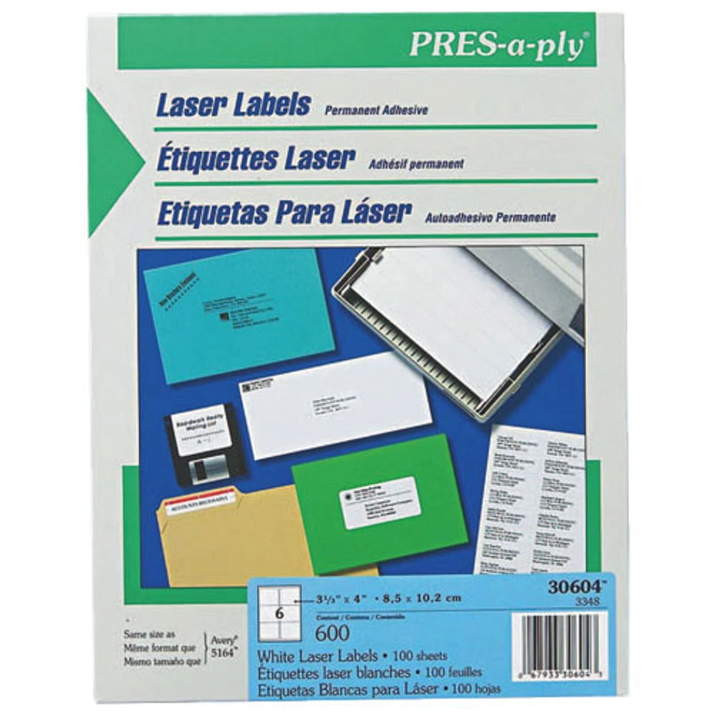 Avery Pres-A-Ply 3-21/64" x 4" Standard Laser Shipping Label (AVE30604) - 600 Pack - White