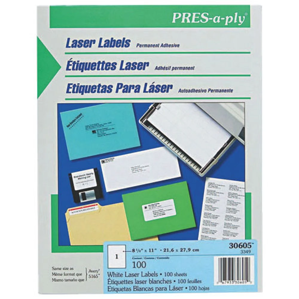 Étiquette laser feuille complète Pres-A-Ply d'Avery (AVE30605) - Paquet de 100 - Blanc