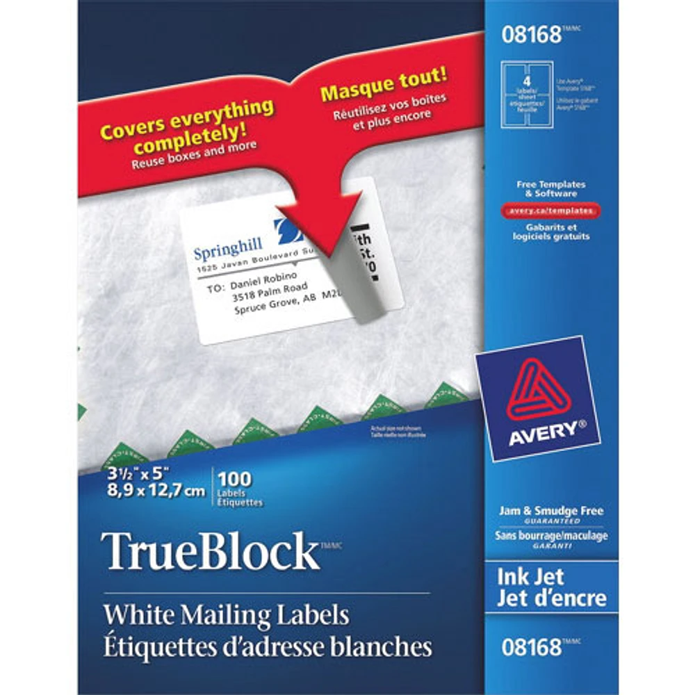 Avery TrueBlock 3-1/2" x 5" Inkjet Mailing Label (AVE08168) - 100 Pack - White