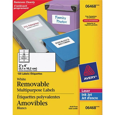 Avery 2" x 4" Removable Multipurpose Laser Labels (AVE06468) - 120 Pack - White