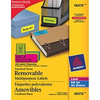 Avery 2 5/8" x 1" Removable Multipurpose Labels (AVE06476) - 240 Pack - Assorted Neon