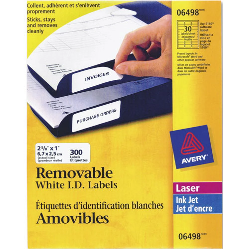 Avery 2 5/8" x 1" Removable I.D. Laser Labels (AVE06498) - 300 Pack - White