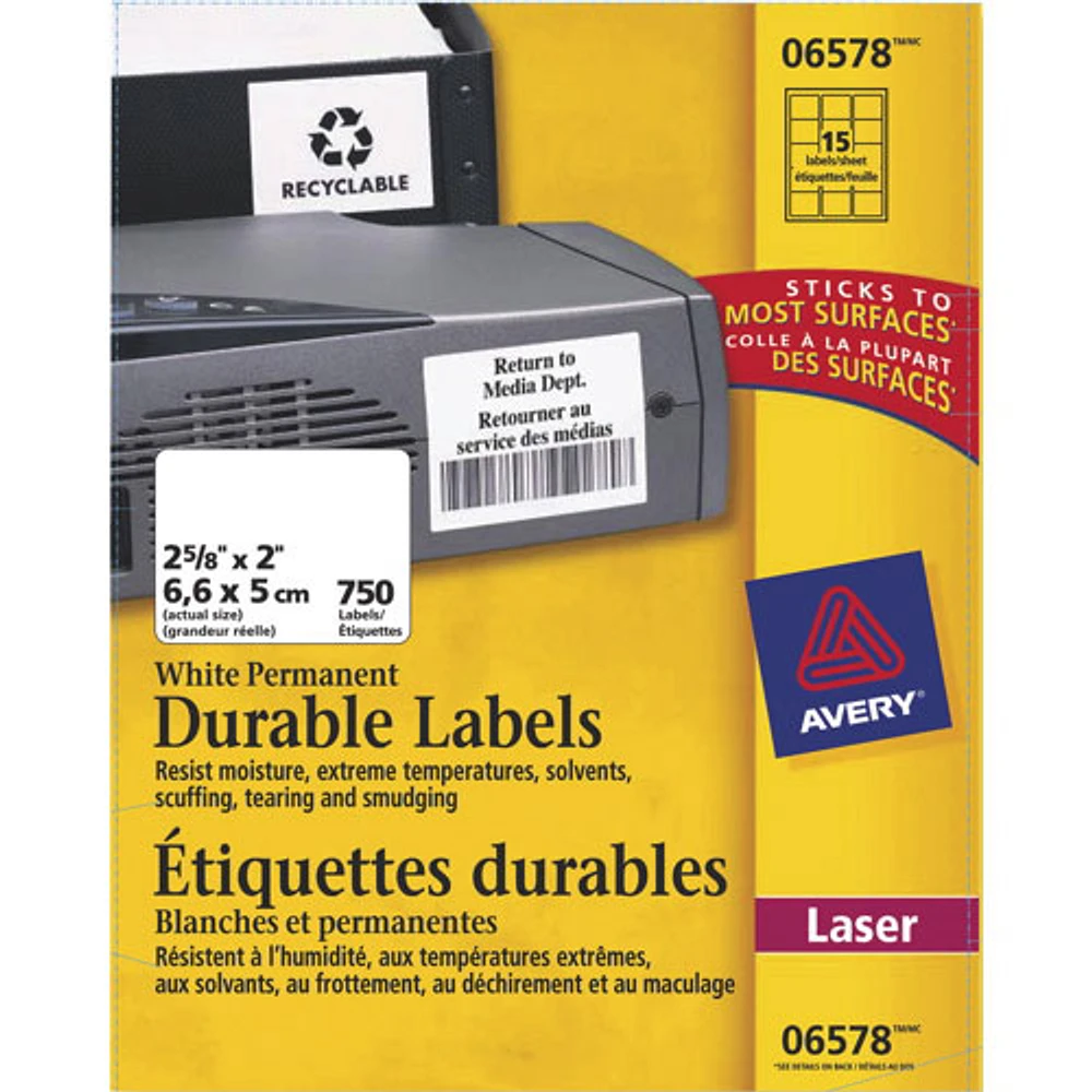 Avery 2 5/8" x 2" Permanent Durable I.D. Labels (AVE06575) - 750 Pack - White