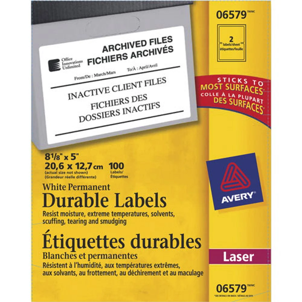 Avery 8 1/8" x 5" Permanent Durable I.D. Labels (AVE06579) - 100 Pack - White