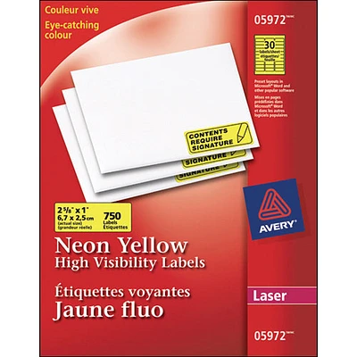 Étiquettes voyantes 2 5/8 x 1 po d'Avery (AVE05972) - Paquet de 750 - Jaune fluo