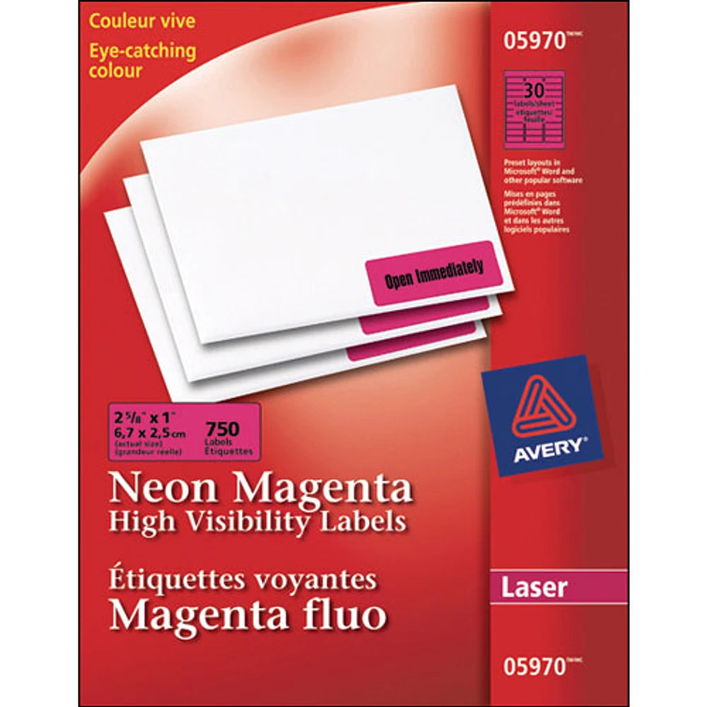 Avery 2-5/8" x 1" High Visibility Labels (AVE05970) -750 Pack - Neon Magenta