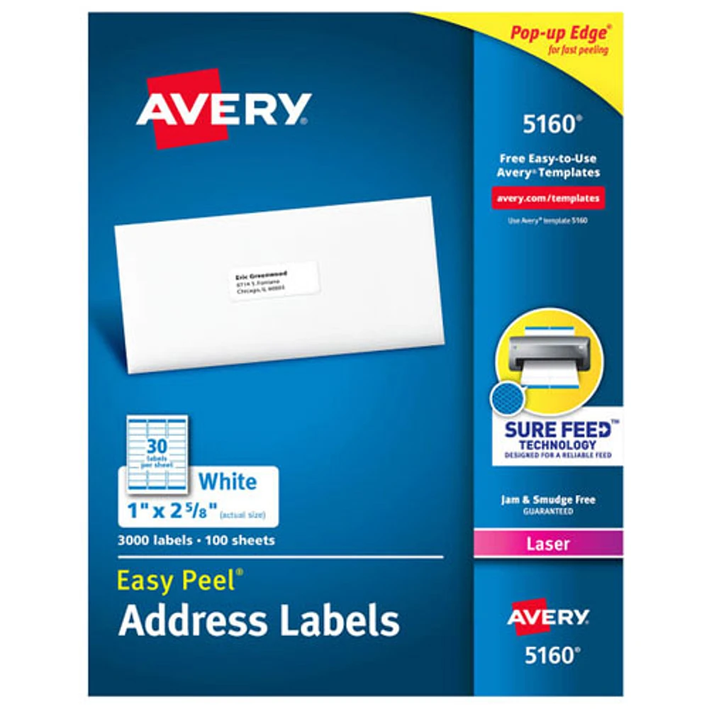 Avery 1" x 2- 5/8" Easy Peel Mailing Labels (AVE05160) - 3000 Pack