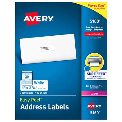 Étiquettes d'adresse Easy Peel 1 x 2 5/8 po d'Avery (AVE05160) - Paquet de 3000