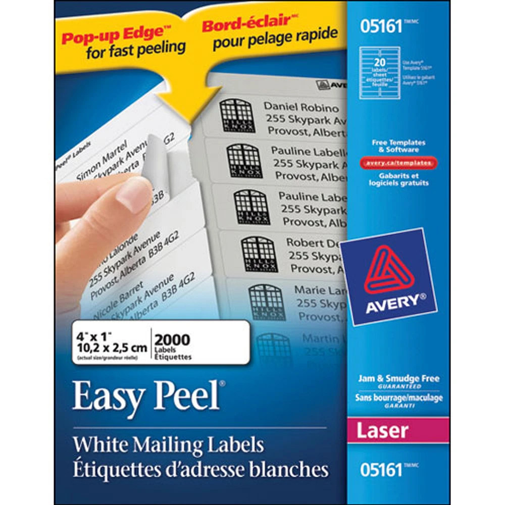 Étiquettes d'adresse Easy Peel 1 x 4 po d'Avery (AVE05161) - Paquet de 2000