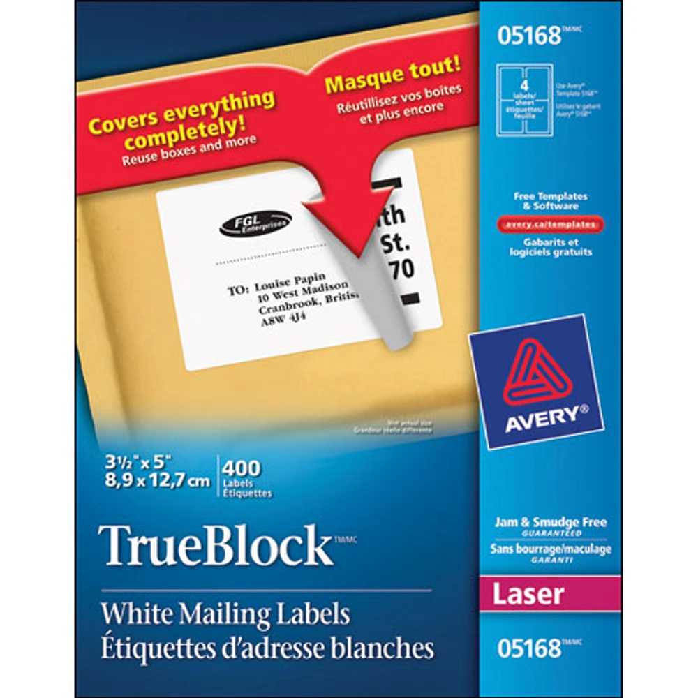 Étiquettes d'adresse TrueBlock 3 1/2 x 5 po d'Avery (AVE05168) - Paquet de 400