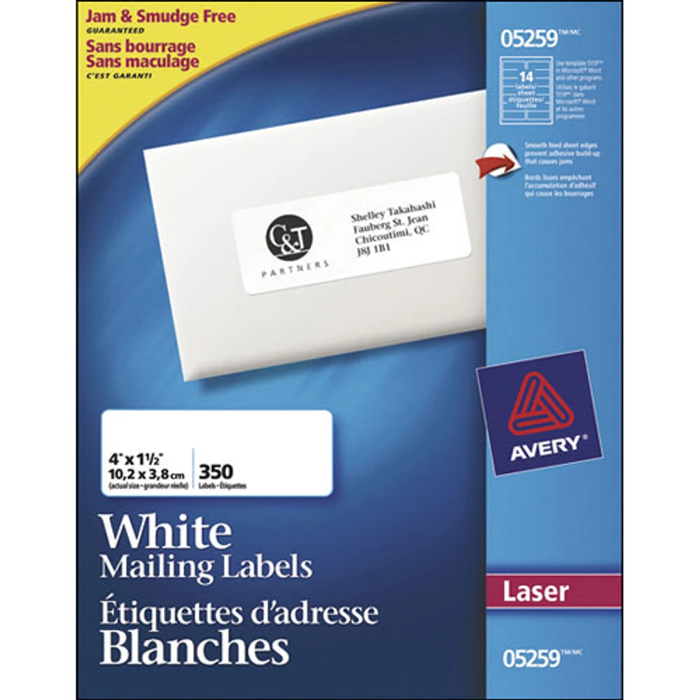 Avery 1- 1/2" x 4" Mailing Labels (AVE05259) - 350 Pack