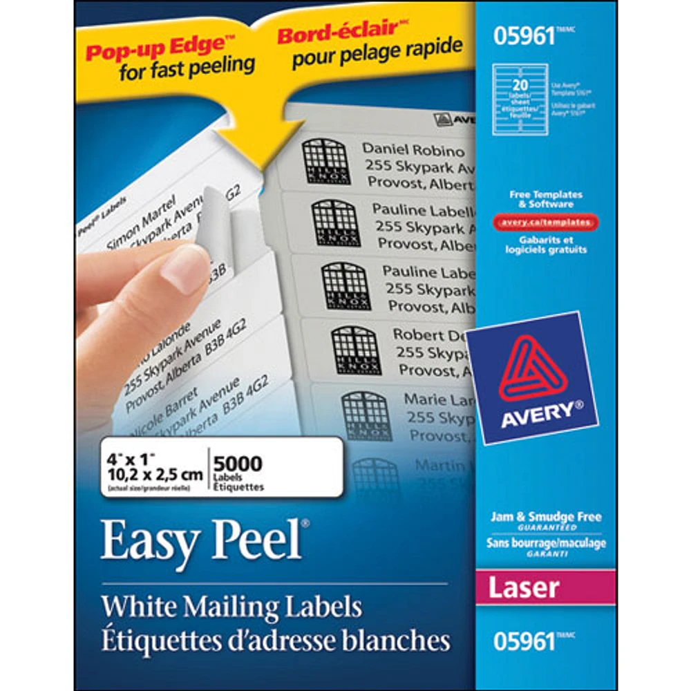 Étiquettes d'adresse Easy Peel 4 x 1 po d'Avery (AVE05961) - Paquet de 5000