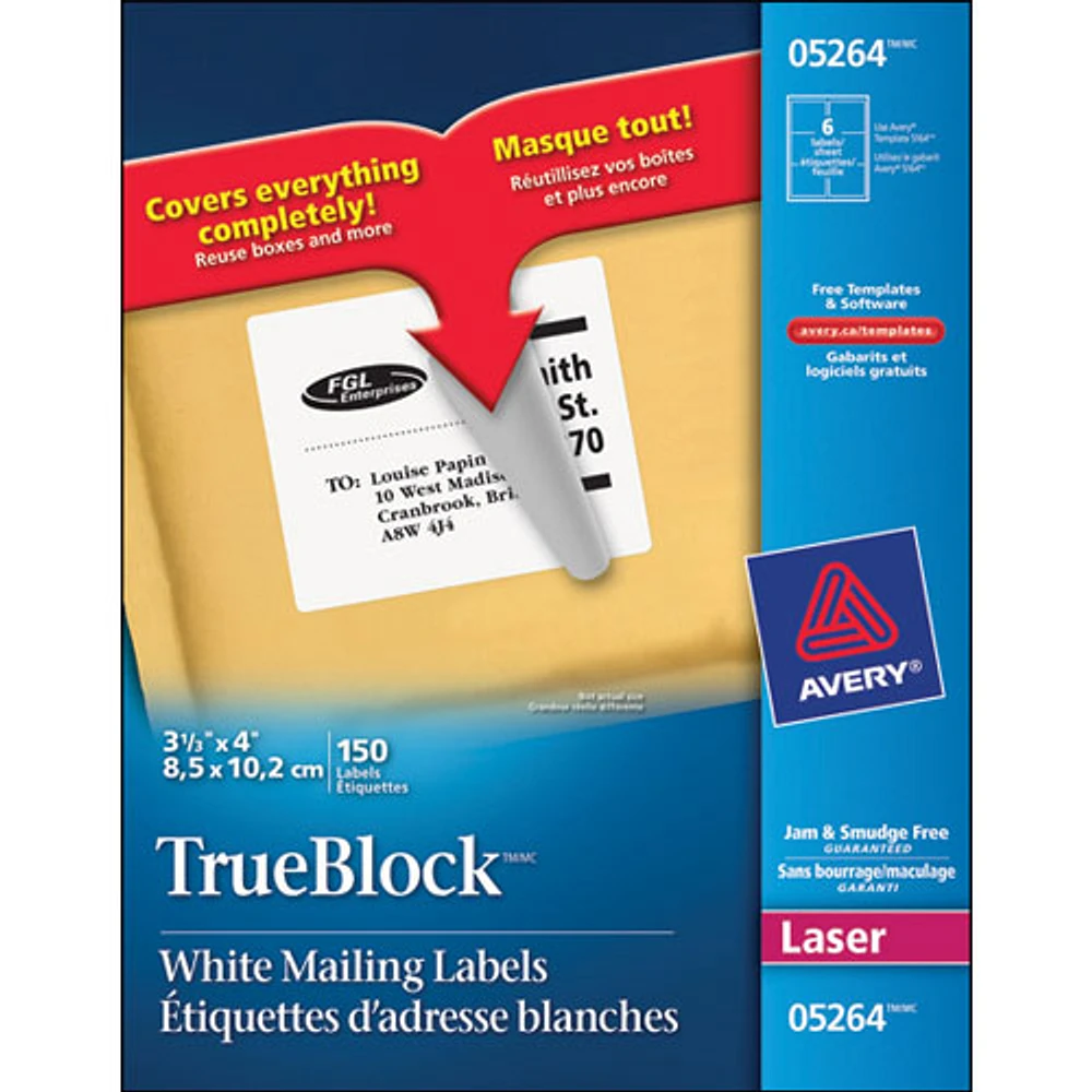 Étiquettes d'adresse TrueBlock 3 1/3 x 4 po d'Avery (AVE05264) - Paquet de 150