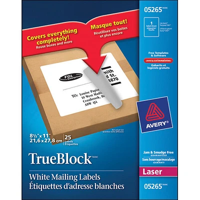 Étiquettes d'adresse TrueBlock 8 1/2 x 11 po d'Avery (AVE05265) - Paquet de 25