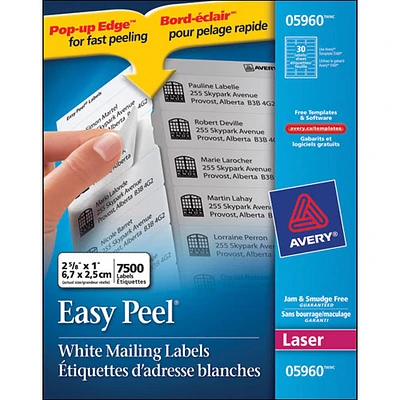 Étiquettes d'adresse Easy Peel 1 x 2 5/8 po d'Avery (AVE05960) - Paquet de 7500