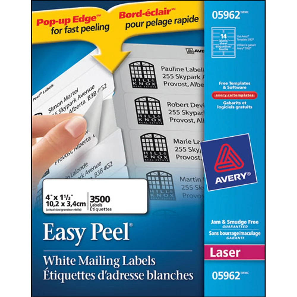 Étiquettes d'adresse Easy Peel 1 x 4 po d'Avery (AVE05962) - Paquet de 3500